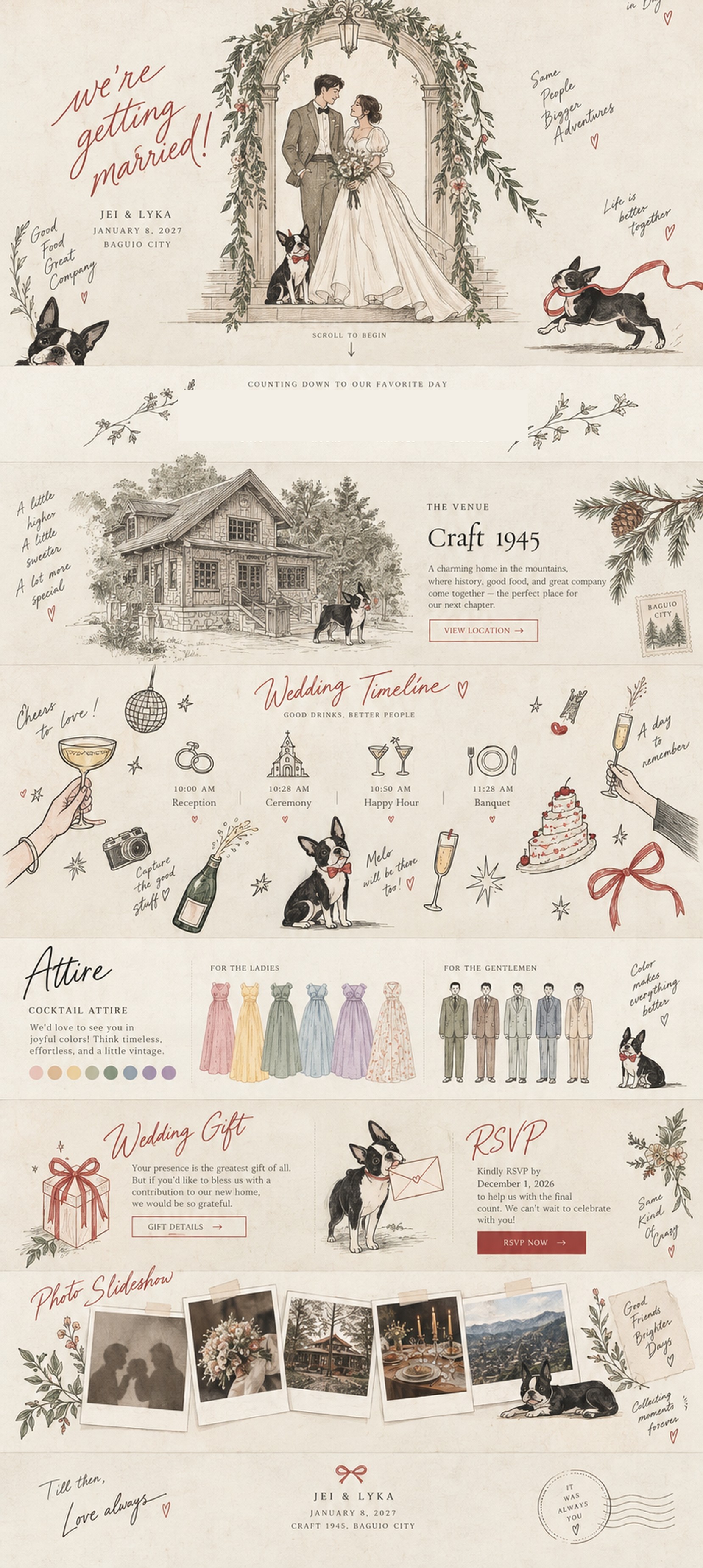 Illustrated wedding invitation for Jei and Lyka, January 8, 2027 at Craft 1945, Baguio City.